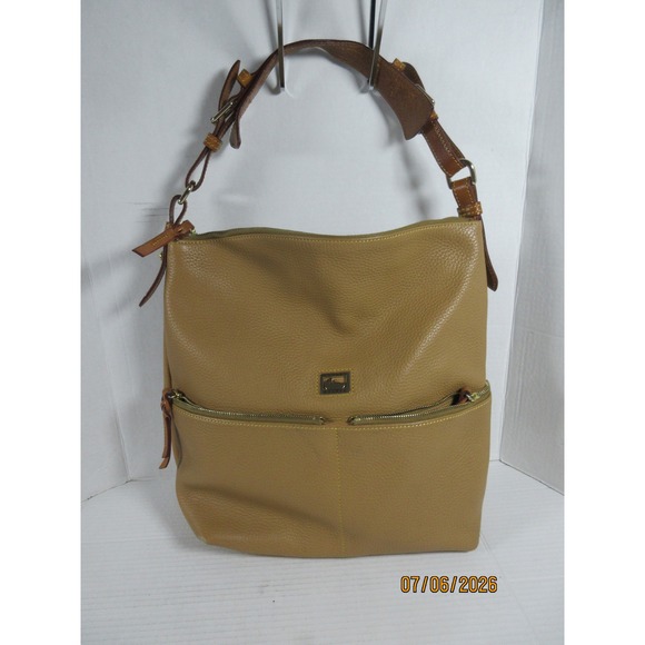 Dooney & Bourke Handbags - Dooney & Bourke Tan Pebbled Leather Hobo Shoulder Bag with Pink Gingham Lining